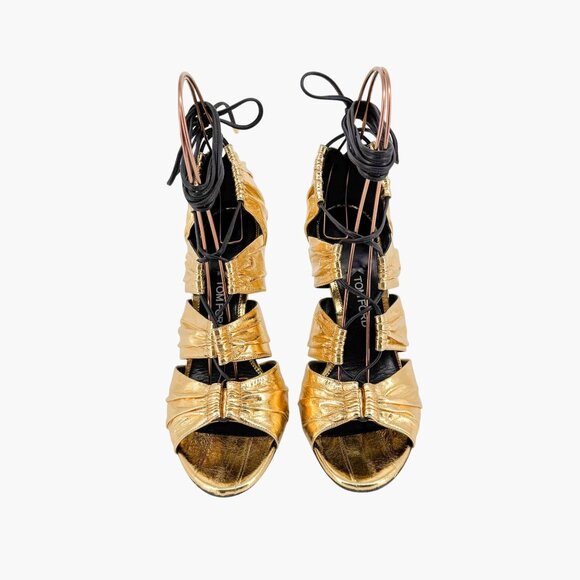 Tom Ford Stardust Lace Up Heels EU 41 US 9 Metallic Gold Foil Leather Tie Shoe - Picture 3 of 16